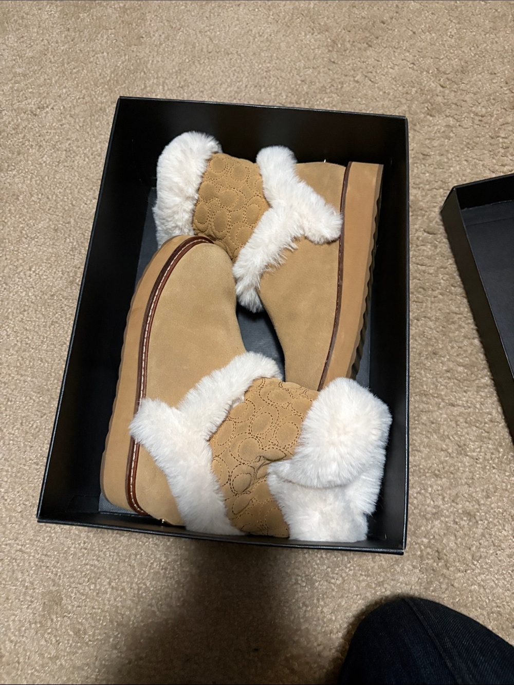 Coach Tan Suede Winter Boots with White Faux-Fur Trim